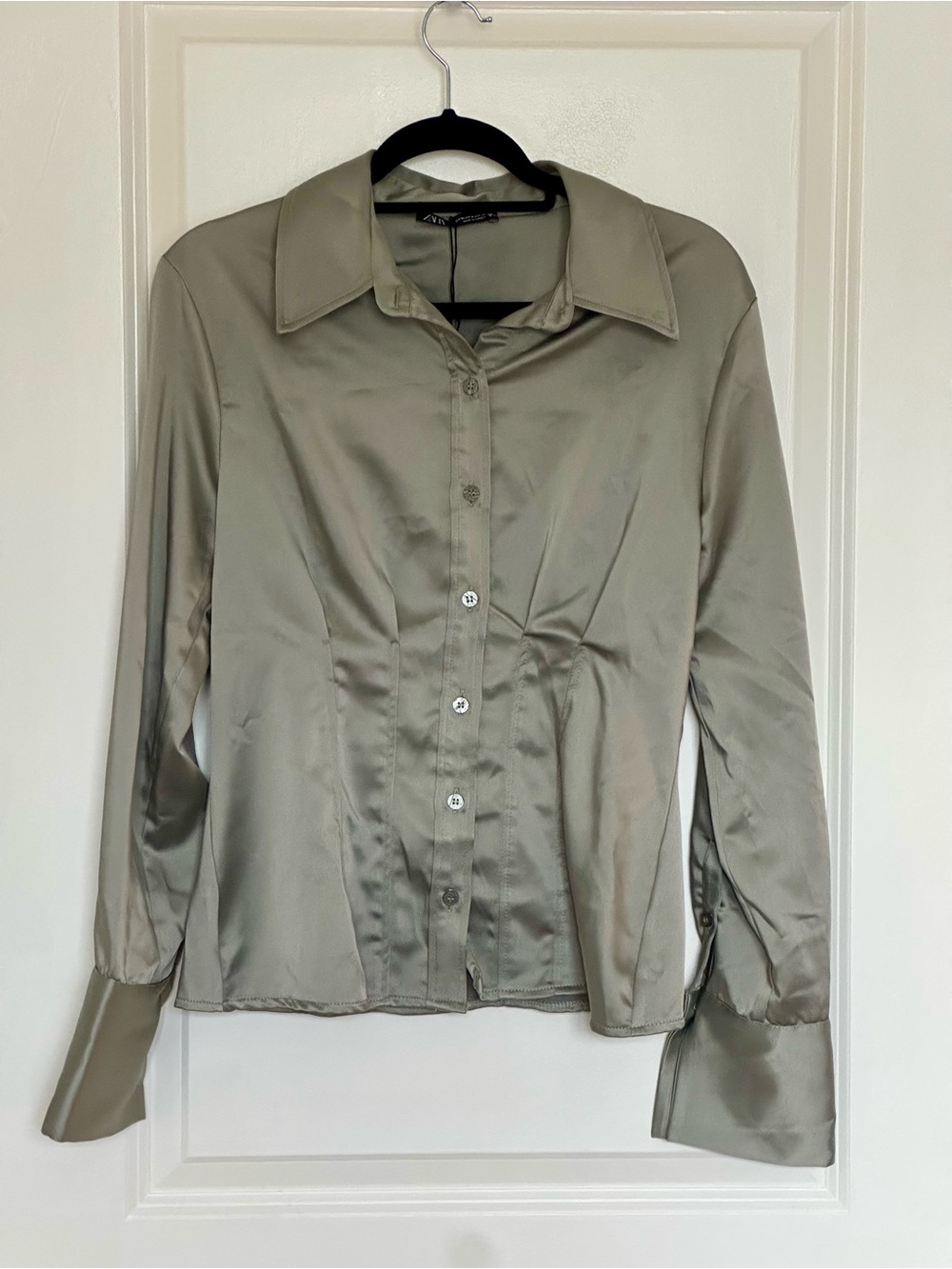 Zara Satin Button-Front Shirt in Sage